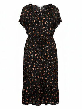 The Get Black Orange Floral Boho Maxi Dress Ruffle Sleeve XL